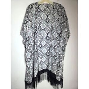 Victoria Secret Black White Blue Geo Print Fringe Detail Open Swim Coverup sz XL